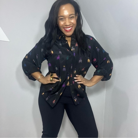 Vintage silk button down blouse black boy silhouette graphic AOP artsy retro fun - Picture 3 of 9